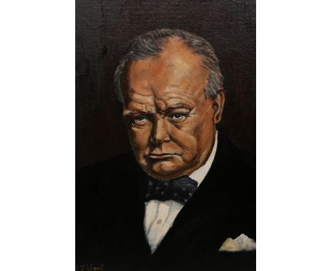 Michael J*** Wood, Portrait of Sir Winston Churchill, signed lower left, oil on canvas board, framed. 54.5cm by 44.5cm