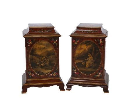 A pair of mahogany and painted table cabinets in the style of Edwards & Roberts, each caddy top with hinged cover and painted