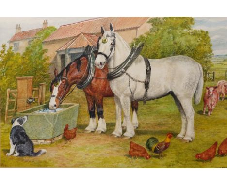 Dorothy Margaret Alderson (1900-1992), Horses at a stone trough, signed and dated 1991 lower right, watercolour, framed. 29.5