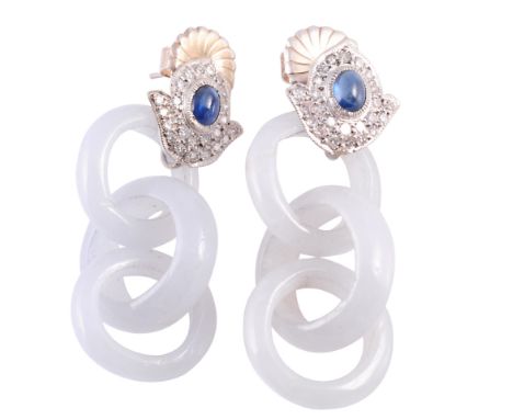 A pair of jadeite, sapphire and diamond earrings, the three interlinked circular jade suspending from an articulated lotus he