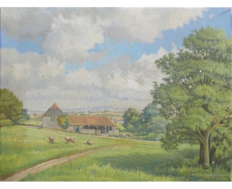 Norman Kenneth Wilkinson (British, 1878 - 1971), sunny Sussex landscape with cattle and farm building, unframed oil on canvas
