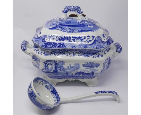 A large Spode blue and white transfer printed lidded tureen with matching Spode ladle, tureen H.25 W.35 D.22cm, ladle: 27 cm.