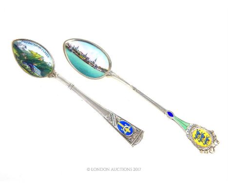 A Continental .935 standard silver souvenir spoon for Talinn, Estonia, with exquisitely painted enamel cityscape to the bowl,