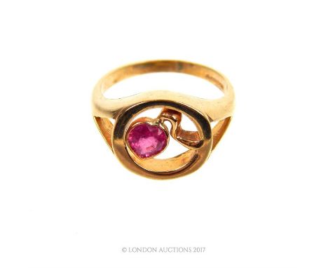 A vintage, 9 ct yellow gold, ruby sweetheart ring, centrally composed of a heart-shaped, faceted ruby within a yellow gold di