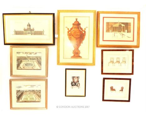 A SELECTION OF FRAMED ARCHITECTURAL PRINTS: To include 'The Architecture of Andrea Palladio', the layout of both St James' Sq