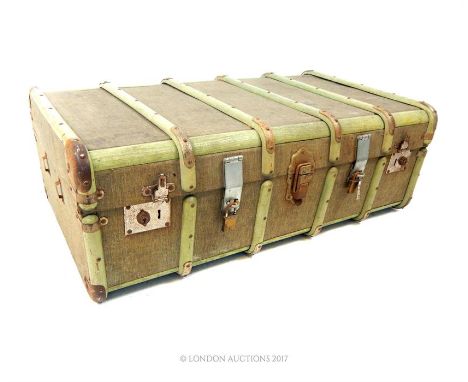 A vintage wooden bound trunk, 33 x 95 x 54cm.
