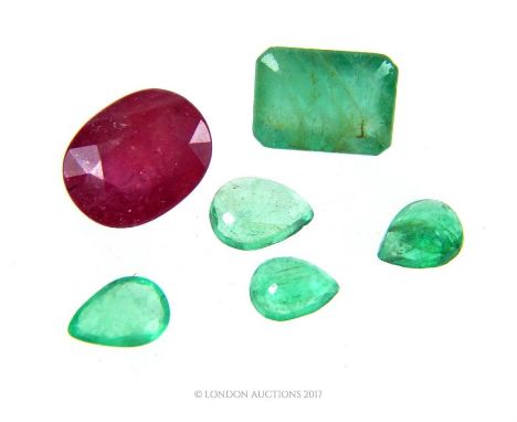 A collection of loose, natural, ruby and emerald gemstones to include four, faceted, tear-drop shaped emeralds (5 mm length e