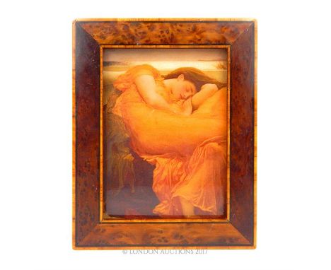 An antique burr-walnut frame inset with a print on copper of Leighton's 'Flaming June', Frame dimensions: 14.5 x 13.5 cm, Sig