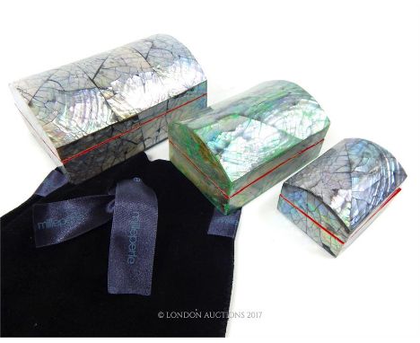 A graduated set of three, mother of pearl-clad trinket boxes from 'Milleperle', Burlington Arcade, London in original black v