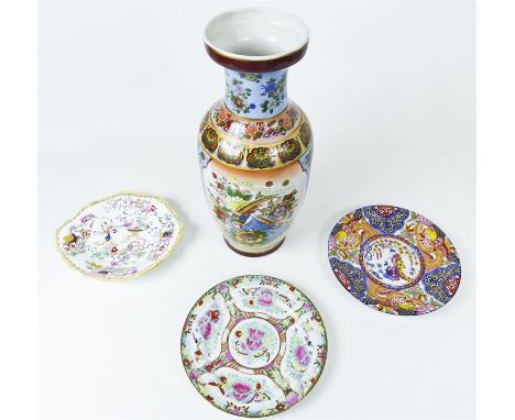 Four oriental, ceramic items to include a large, colourful Chinese vase (Height: 41 cm), a  Canton famille rose and gilded pl