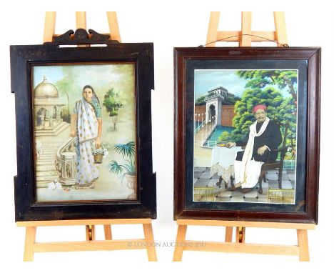 Two early 20th century Indian opaque pigments on paper, portrait of an Indian dignitary seated in a garden setting, sight siz