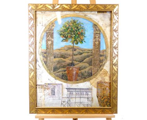 A contemporary classical print of a potted orange tree with gold-leaf detailing in a carved, gilt frame, Unsigned, framed and