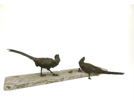 A pair of Art Deco bronze sculptures of pheasants (one broken at the legs), raised on a marble base, 25 x 95 x 19cm.
