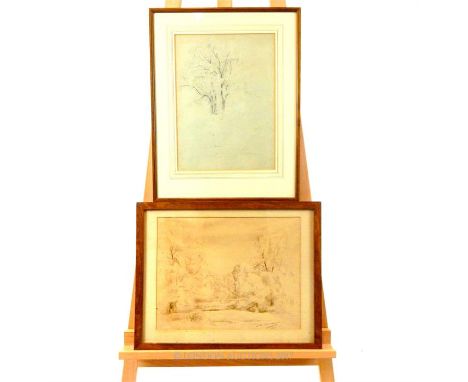 An Art Deco, pen and ink sketch of tree-lined landscape with hand written dedication "To Mrs C.M. Talbot Rice Bloomfields Win