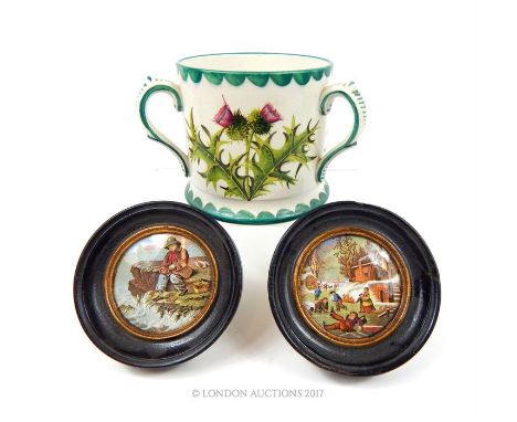 A Wemyss Ware pottery tyg, hand painted with thistles, 10.5 x 14 x 15cm, having impressed mark to the base, together with two