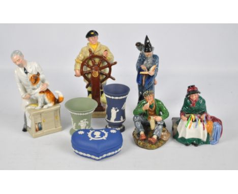 Five Royal Doulton figures; HN2499 'The Helmsman', HN2731 'Thanks Doc!', HN2877 'The Wizard', HN2362 'The Wayfarer', and HN20