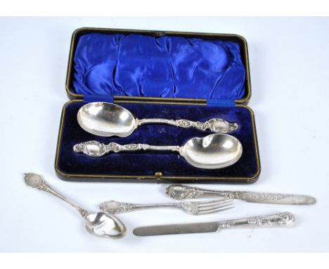 JOSEPH GLOSTER; a Victorian hallmarked silver three piece christening set comprising a fork, spoon, knife, each piece initial