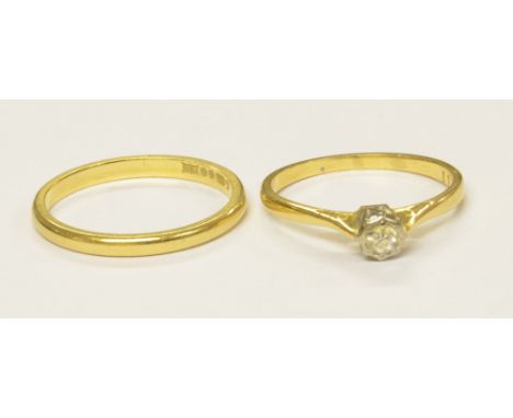 An 18ct yellow gold and diamond chipped ring, size K 1/2 and an 18ct yellow gold wedding band, size M, combined approx 3.5g (