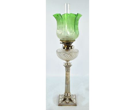 WALKER & HALL; an Edward VII hallmarked silver Hinks Patent oil lamp with floral etched green tinted and clear glass shade ab