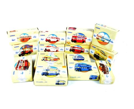 A collection of boxed Corgi model vehicles to include nine Commercial series with 97212 Leyland Tiger, 97209 Guy Arab Bus, et