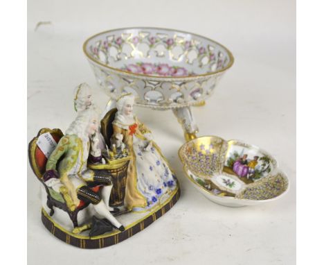 A Sitzendorf porcelain circular pierced bowl on four paw feet, diameter 20.5cm, and Augustus Rex quadrilobed pin dish and unn