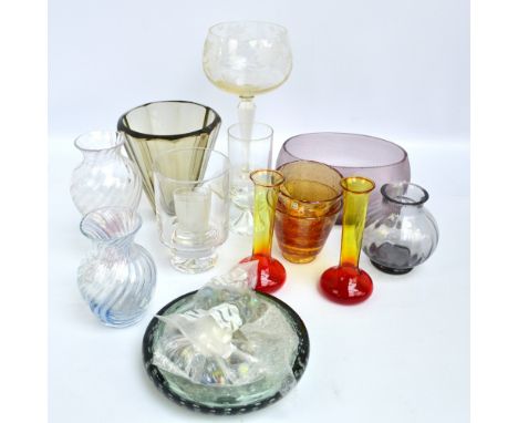 A quantity of art glass including a 1960s blue tinted glass vase, a large goblet with etched decoration, a Caithness wrythen 