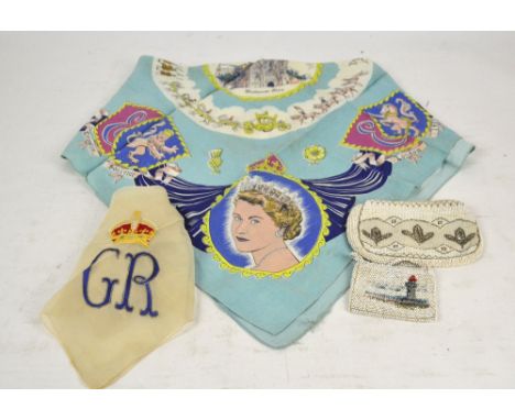 A Queen Elizabeth II coronation souvenir scarf, a further scarf and two bead bags (4).