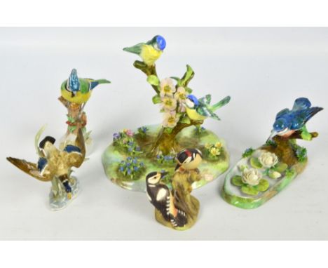 Two Crown Staffordshire porcelain figures of birds perched on branches comprising kingfisher and tomtits and modelled by JT J