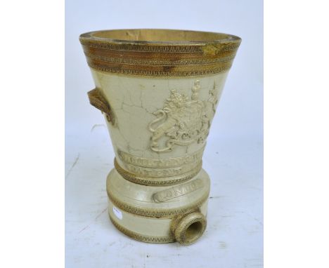 A large Doulton & Watt's patent water filter with twin handles, decorated with coat of arms and bearing integral ceramic labe