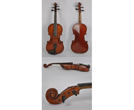 An early 20th century full sized Stradivarius copy violin, length of back 36cm, contained within a Victorian walnut violin ca