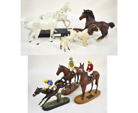 Three Beswick figures of racing horses and jockeys including Connoisseur models of Nijinsky and Red Rum, all three are second