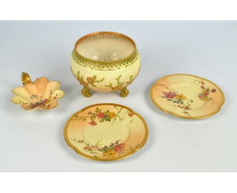 A pair of Royal Worcester blush ivory gilt heightened floral decorated quadrilobed plates, marked in puce to bases, date code