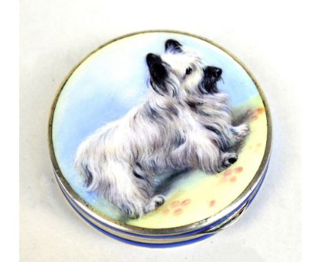 P.H VOGEL & CO (probably); a George V hallmarked silver and enamel decorated powder compact painted with a dog to the hinged 