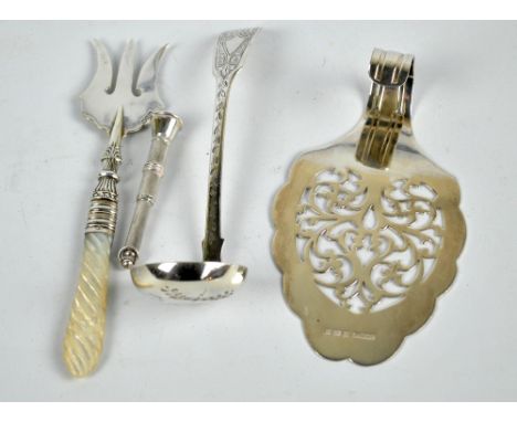 A group of variously hallmarked silver items comprising a fiddle pattern bright cut decorated sifting spoon, Andrew Wilkie, E