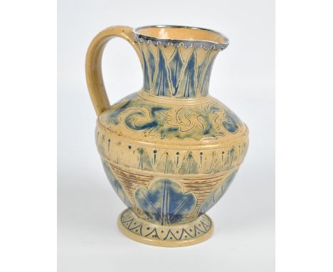 A Doulton Lambeth hallmarked silver rimmed jug decorated with foliate and foliate scroll motifs, impressed marks to base, hal
