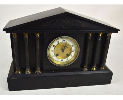 A late 19th century French black slate mausoleum mantel clock, width 43cm.