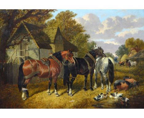 IN THE MANNER OFJOHN FREDERICK HERRING JR (1820-1907); large oil on canvas, rural scene with horses, pigs and ducks beside ba