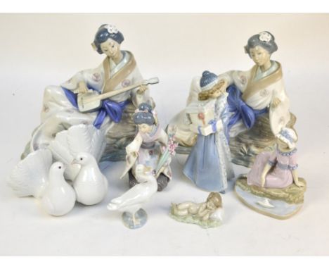 Four Lladro figures including a geisha picking flowers and a pair of doves, and four Nao figures including a girl carrying gi