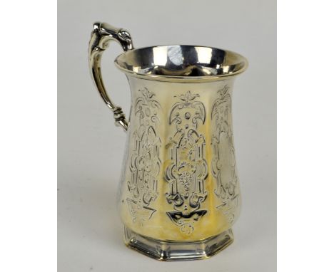 JOHN EVANS II; a Victorian hallmarked silver faceted baluster christening cup with bead decorated S-scroll handle and engrave