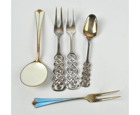 DAVID ANDERSEN; a pair of Norwegian 830 silver pickle fork with ornamental pierced finials and a matching coffee spoon, also 