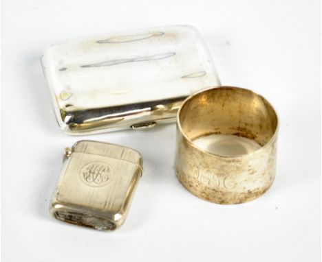 WILLIAM HENRY SPARROW; an Edward VII hallmarked silver curved rectangular cigarette case, Birmingham 1905, 8.5 x 6cm, a vesta