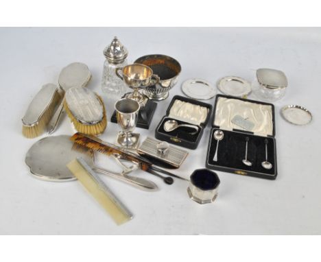 A mixed lot of variously hallmarked silver items including a five piece dressing table set with engine turned decoration, Wal