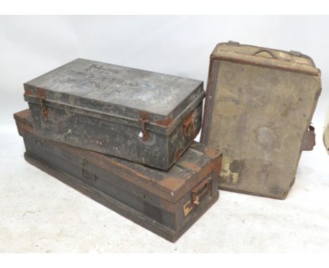 A vintage metal trunk, a zinc lined trunk and a vintage suitcase (3).