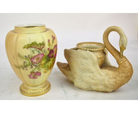 A Royal Worcester blush ivory swan vase, puce printed marks, length 25.5cm and a Royal Worcester floral decorated vase (lacki