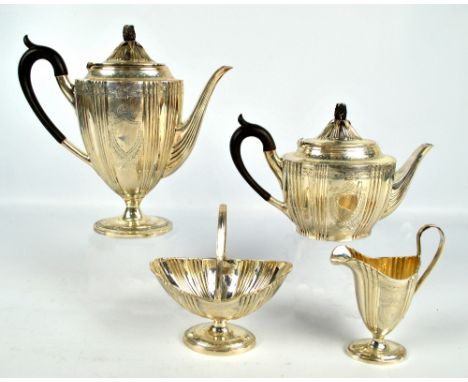 WALKER & HALL; an Edward VII hallmarked silver four piece tea and coffee set, comprising an oval teapot with fluted sides, br