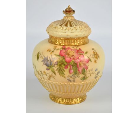 A Royal Worcester blush ivory gilt heightened floral decoration pot-pourri with wicker basket effect to lower part and to the