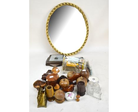 A mixed lot of collectors' items including fruit and mushroom shaped treen items, cigarette cards, a barometer and an oval gi