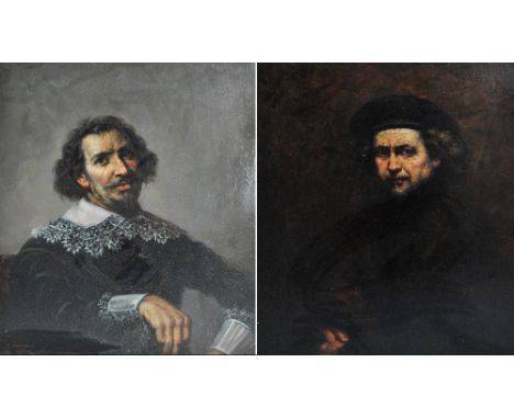 A modern copy of Rembrandt's self portrait, 59 x 48cm, and a portrait of seated gentleman in 17th century Spanish style costu
