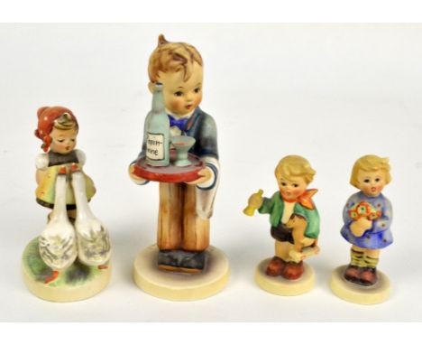 Four Hummel figures; 'Waiter' and 'Goose Girl, and two others (4). CONDITION REPORT: Waiter with minor chip to coat rear, goo