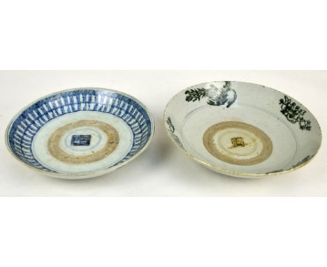 A 19th century Chinese Cargo porcelain circular shallow bowl painted in underglaze blue with decorative band and seal mark to